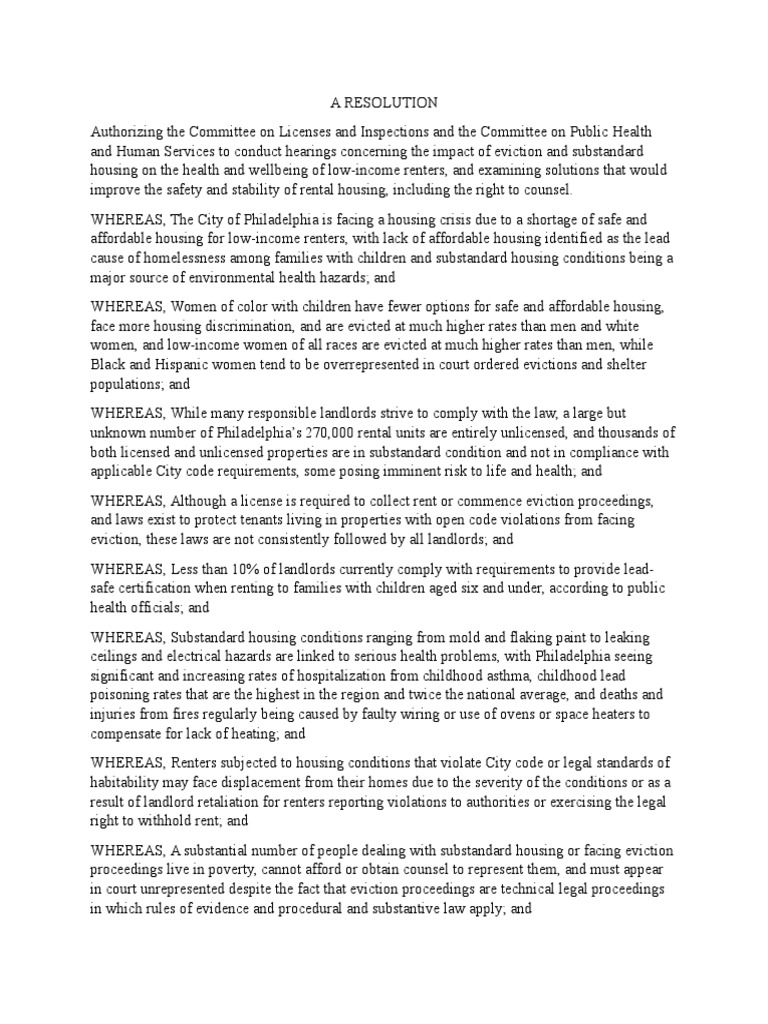 Resolution SubstandardhousingandRTC | PDF | Eviction | Landlord
