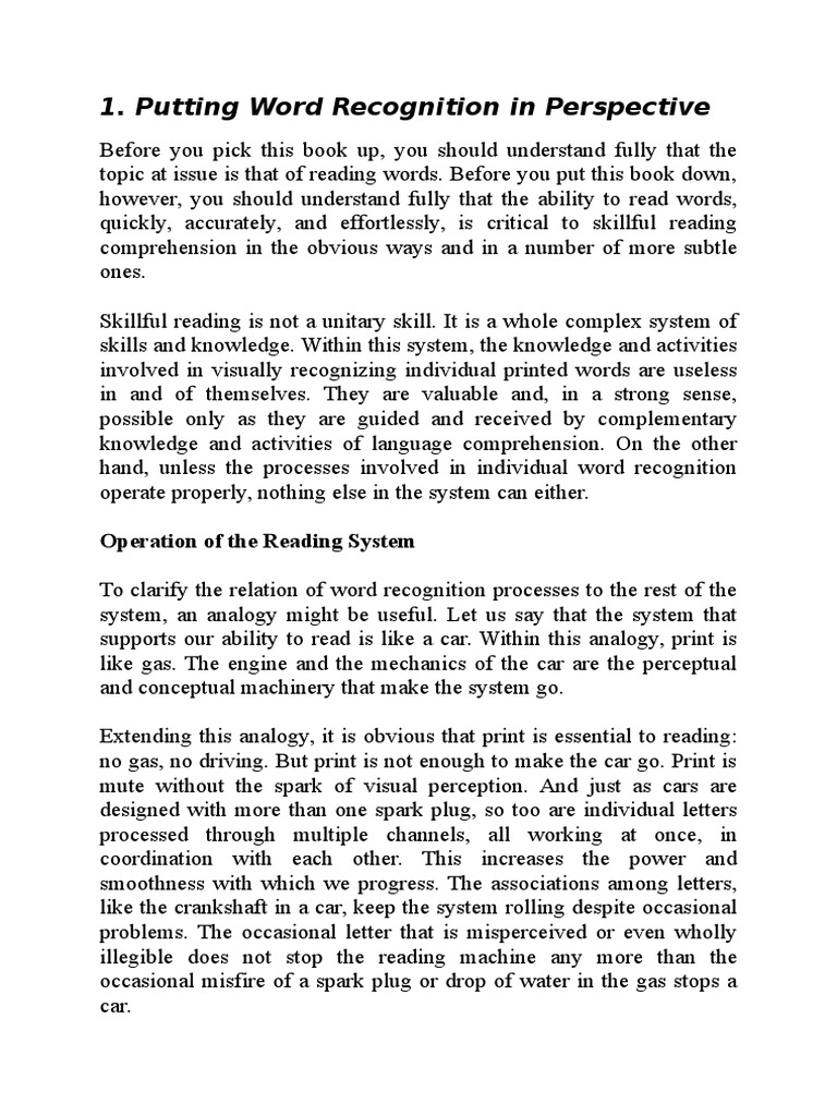 Adams, Beginning To Read, 1 Putting Word Recognition in Perspective PDF Reading (Process