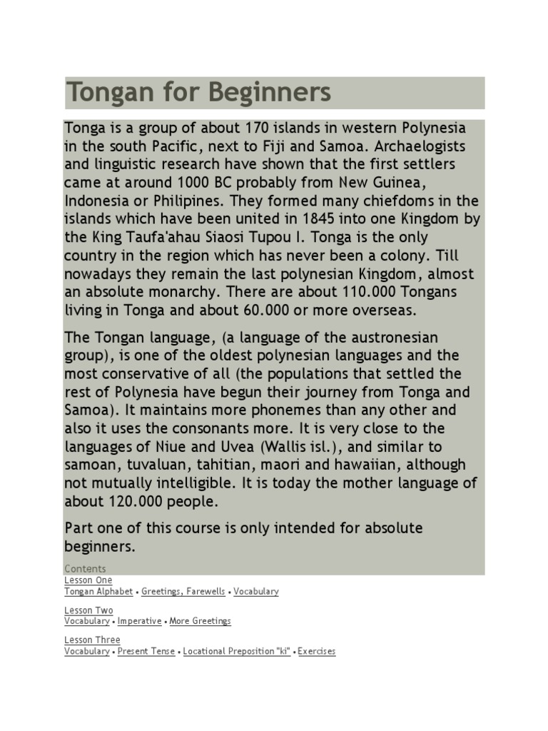 Tongan for Beginners Polynesia Linguistic Morphology