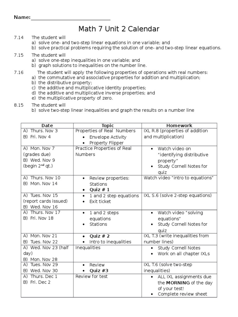 Math 7 Unit 2 Calendar PDF