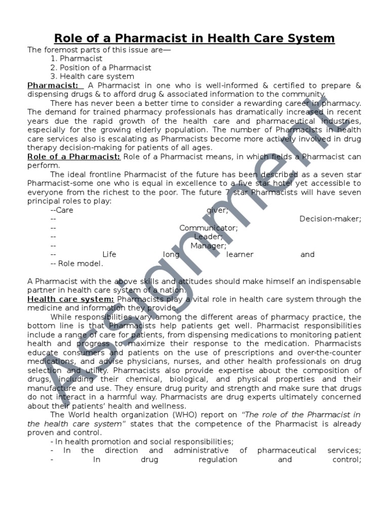role of pharmacist in public health essay