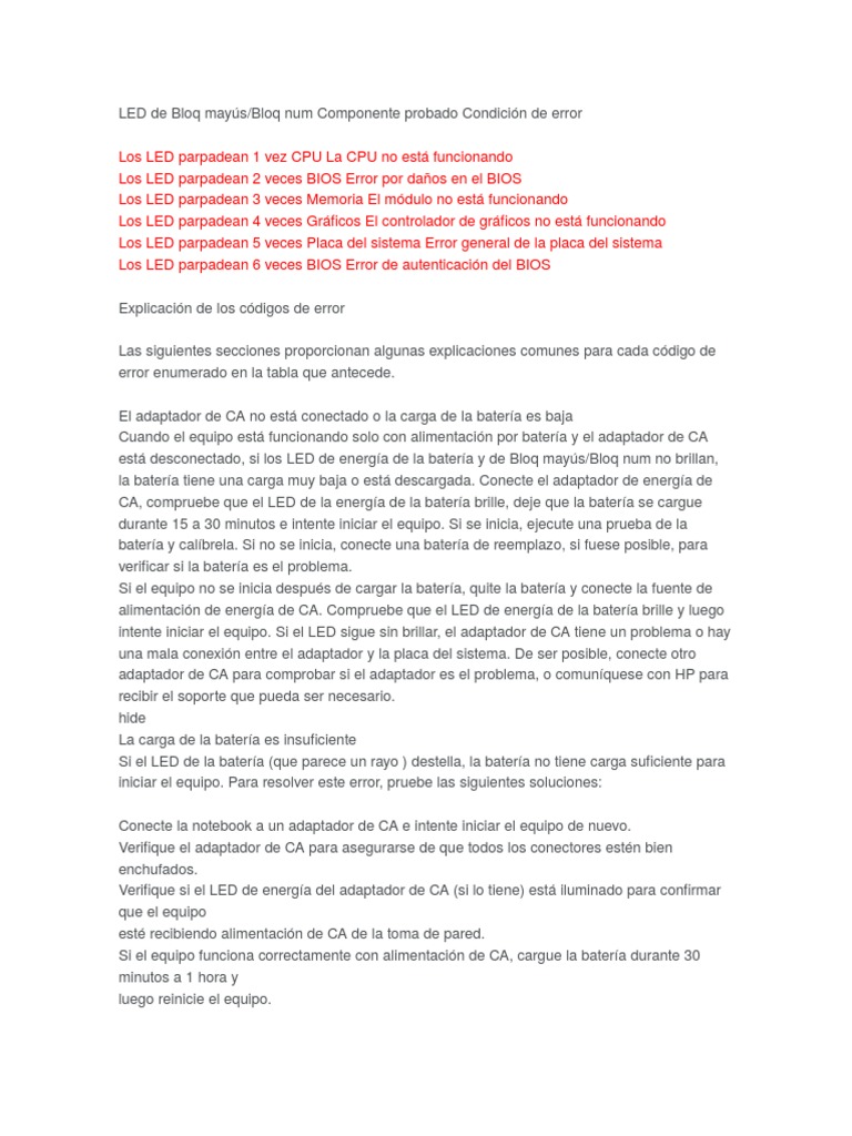 Códigos de error parpadeo HP | PDF | Batería (electricidad) | Bios