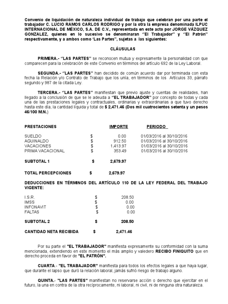 Convenio De Liquidacion Lucio Ramos Carlos Derecho Laboral Liquidaci n