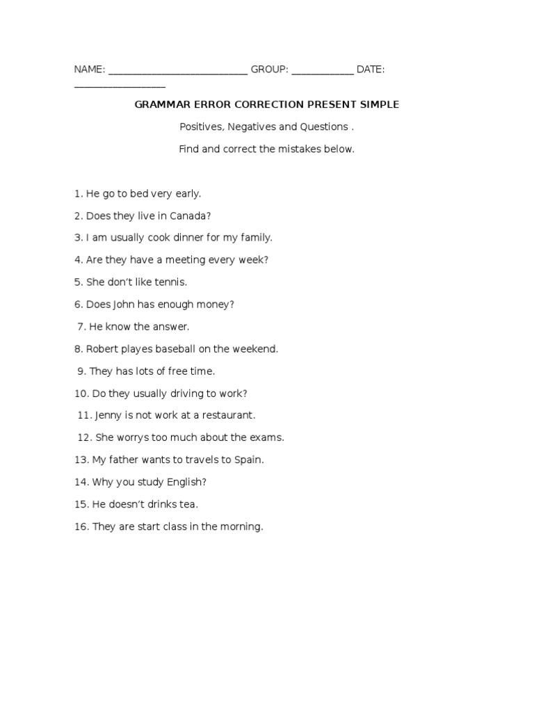 Present Simple Grammar Error Correction | PDF | Language Arts ...