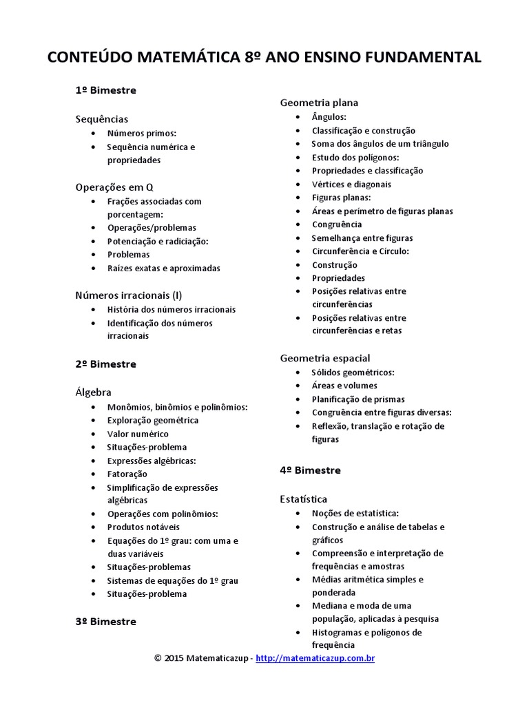 Planejamento Anual Conteúdos de Matemática 8º Ano EF | PDF
