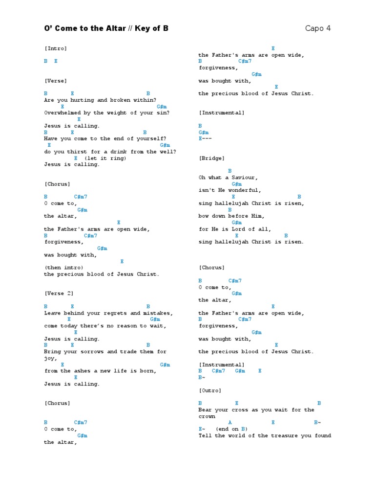 O’ Come to the Altar // Key of B Capo 4: E B C#m7 G#m E | Song ...