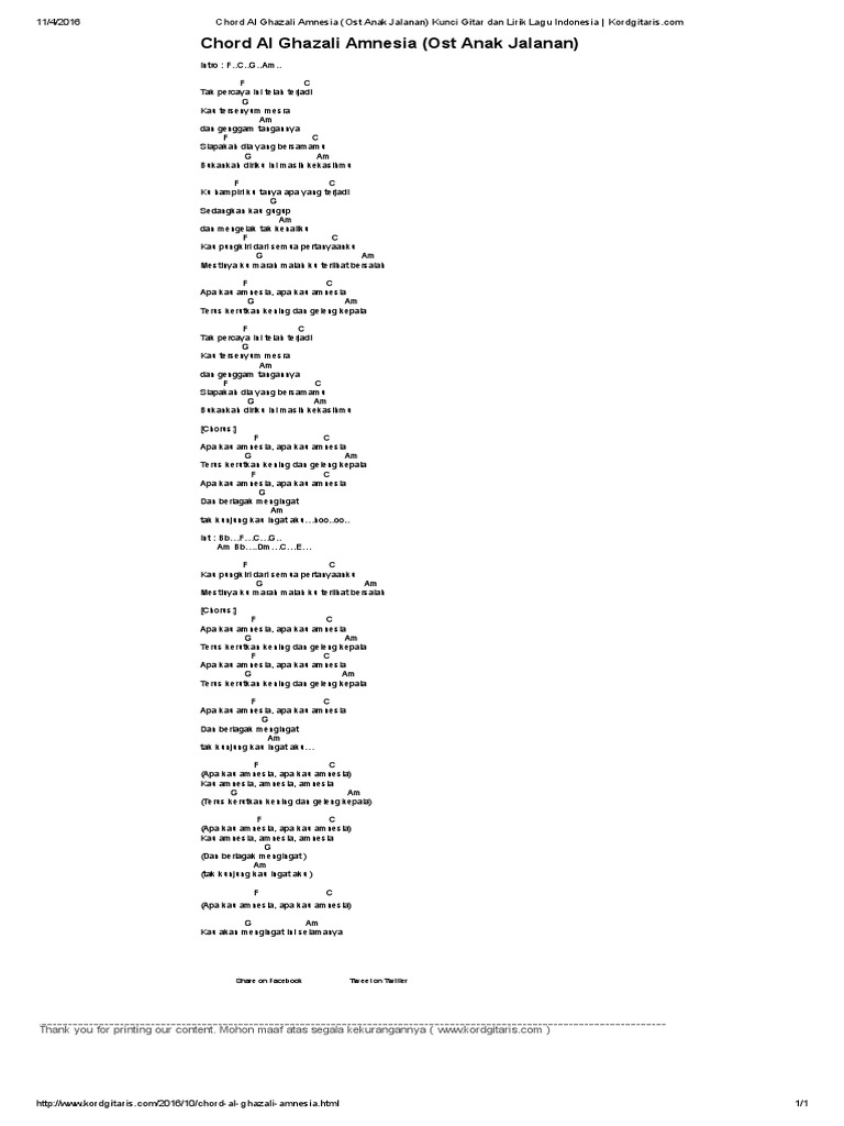 Kunci Gitar Al Ghazali Amnesia