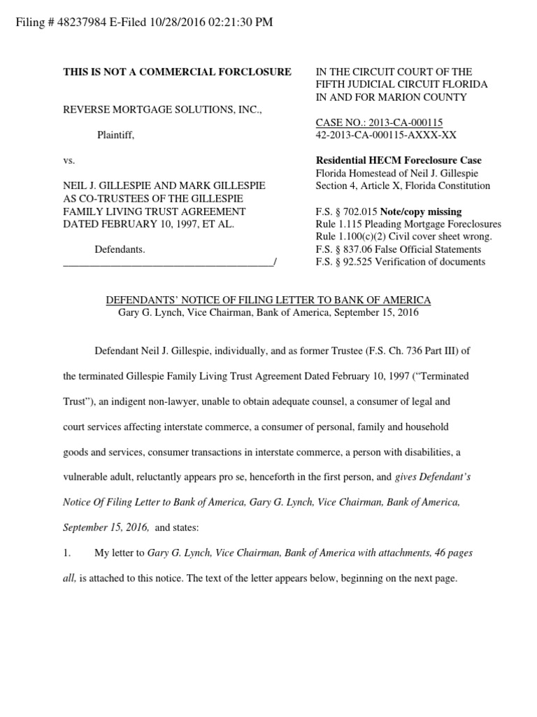 Defendants' Notice of Filing Letter To Bank of America 2013CA00115