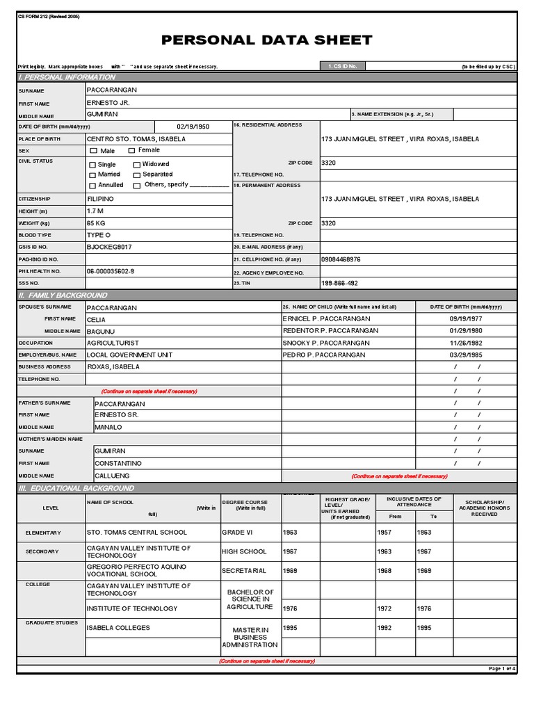 Personal Data Sheet CS Form 212 PDF Government photo
