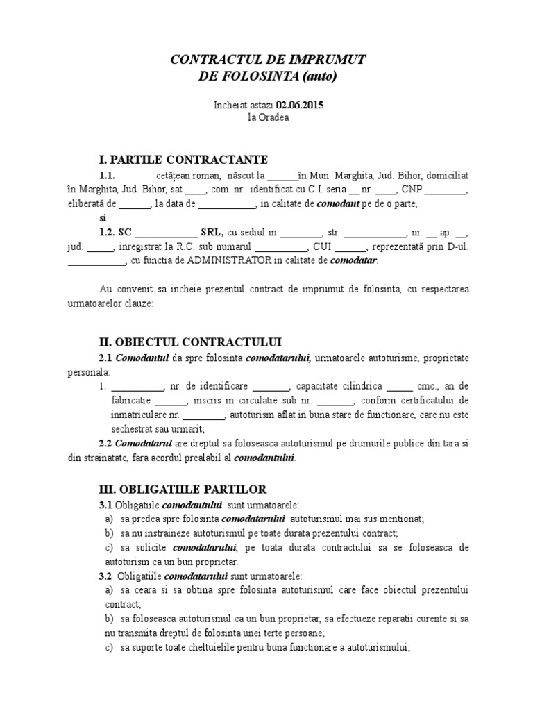 Contract de Comodat Auto Model | PDF
