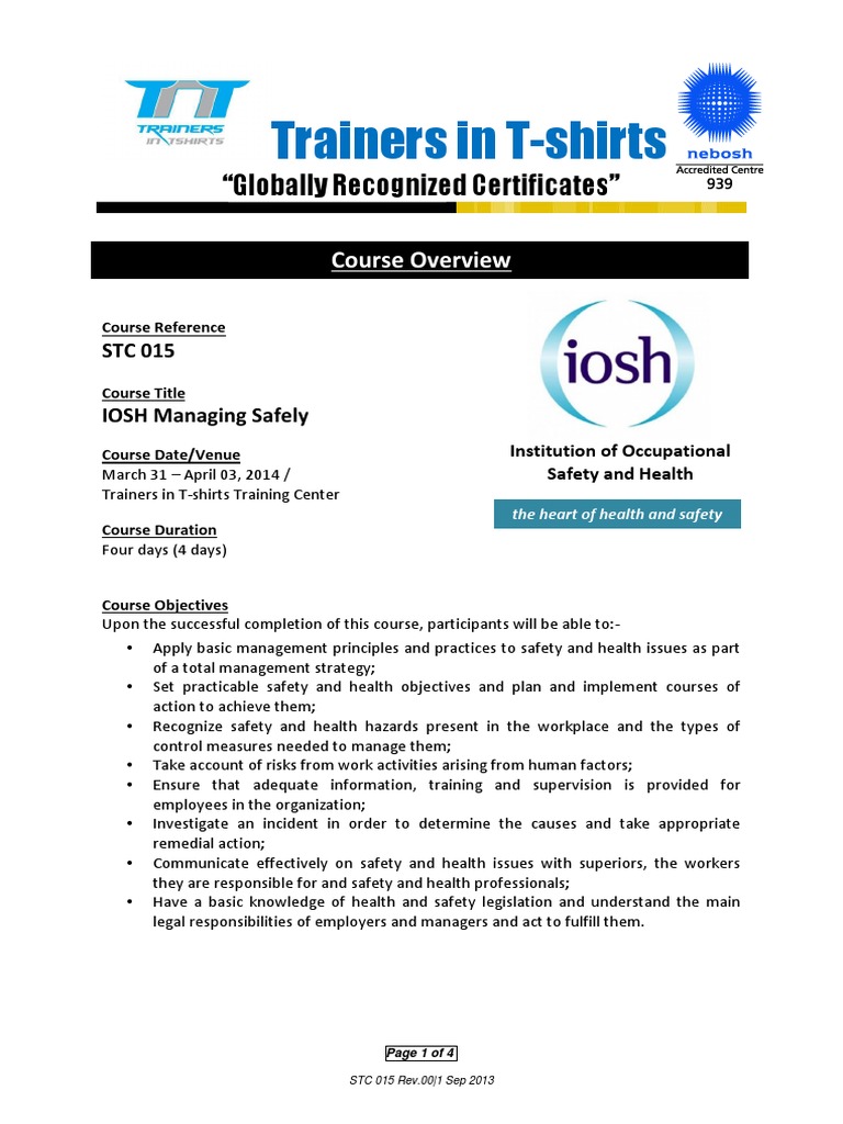 IOSH Managing Safely - Course Mar 31 - Apr 03, 2014 | PDF ...