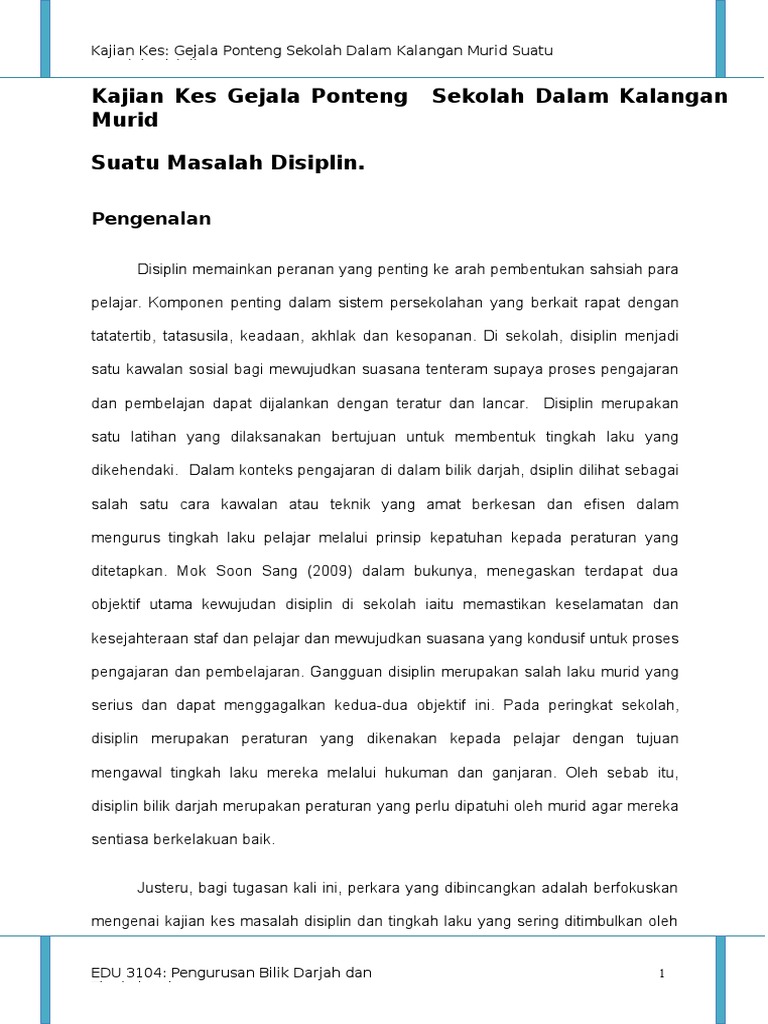 Kajian Kes Gejala Ponteng Sekolah Dalam Kalangan Murid Suatu Masalah Disiplin Pdf