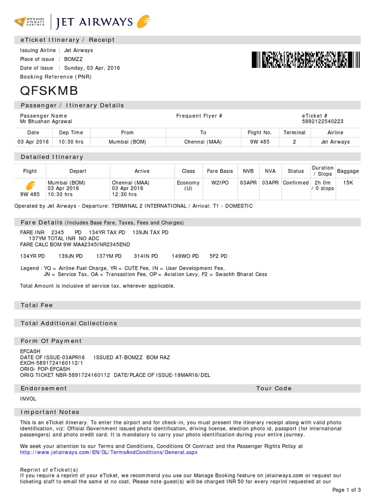 Jet Airways ETicket (5892122540223) - AGRAWAL 024252 | PDF | Identity ...