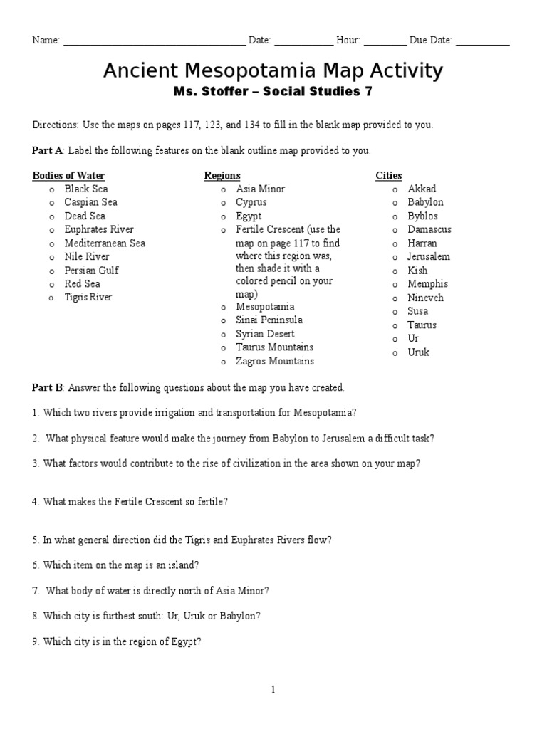 6th Grade Mesopotamia Map Activity | PDF | Fertile Crescent | Mesopotamia