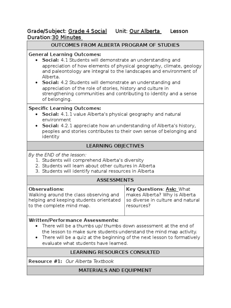 Grade/Subject Grade 4 Social Unit Our Alberta Lesson Duration30 Minutes PDF Teaching