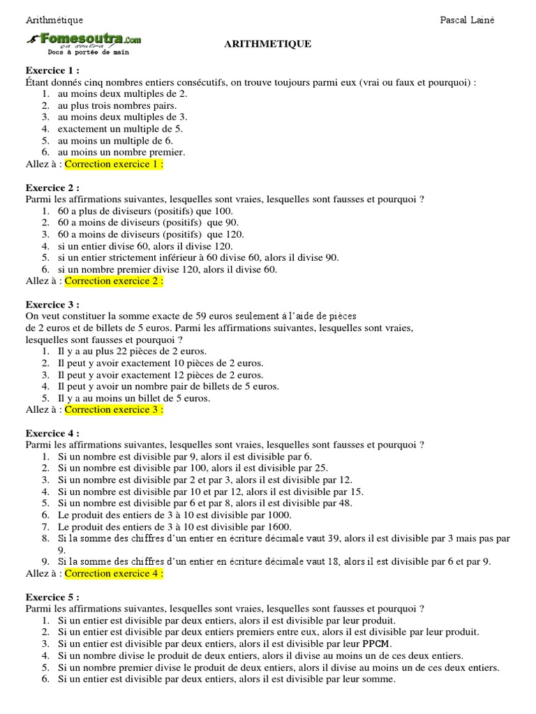 Multiples Et Diviseurs Exercices Corrigés Exercices Corriges Arithmetique | PDF | Entier naturel | Nombre premier