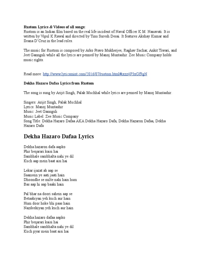 Rustom Movie Song Lyrics Collection | PDF | Art