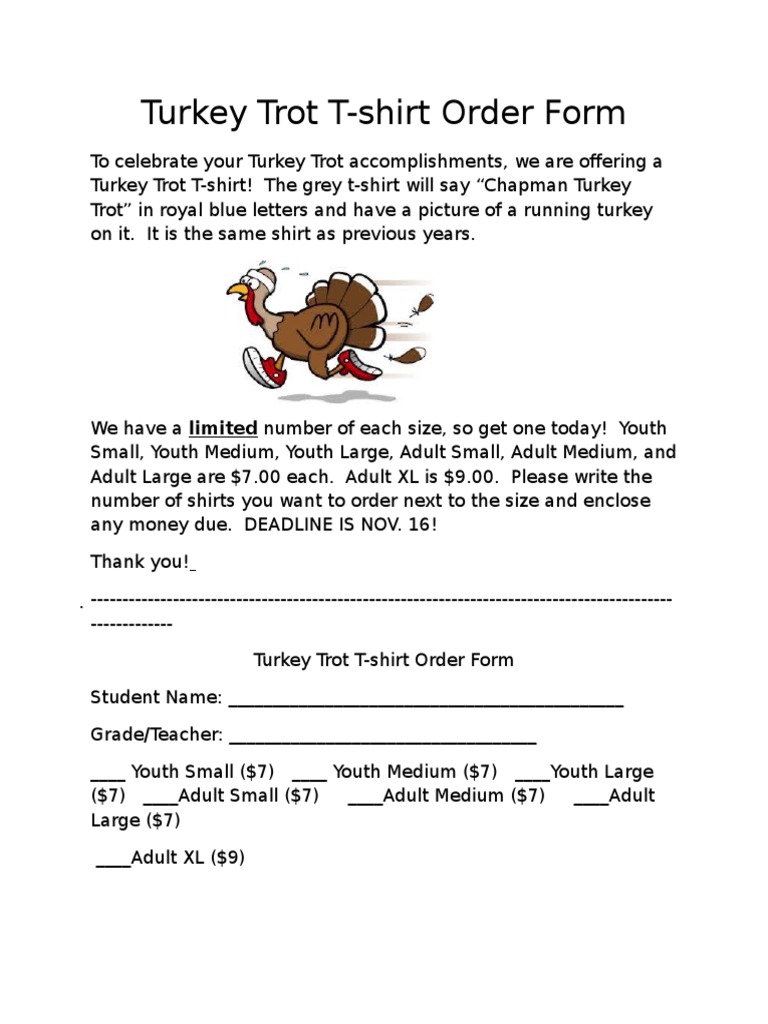 Turkey Trot T-shirt Order Form | PDF