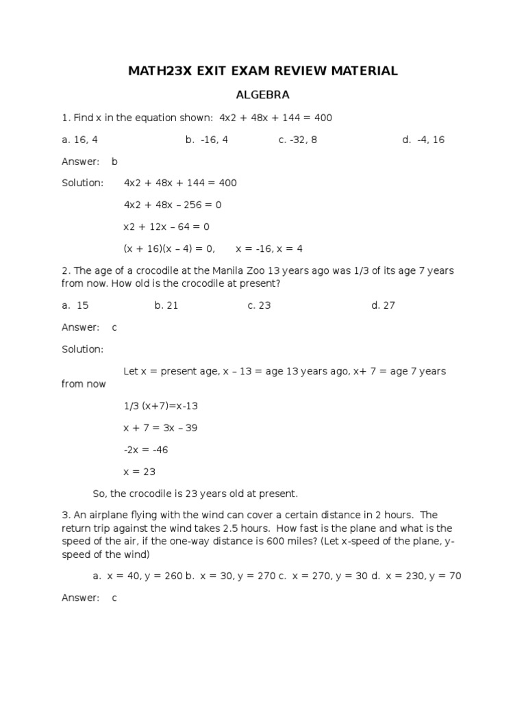 Math23x Exit Exam Questions Algebra PDF Summation Equations