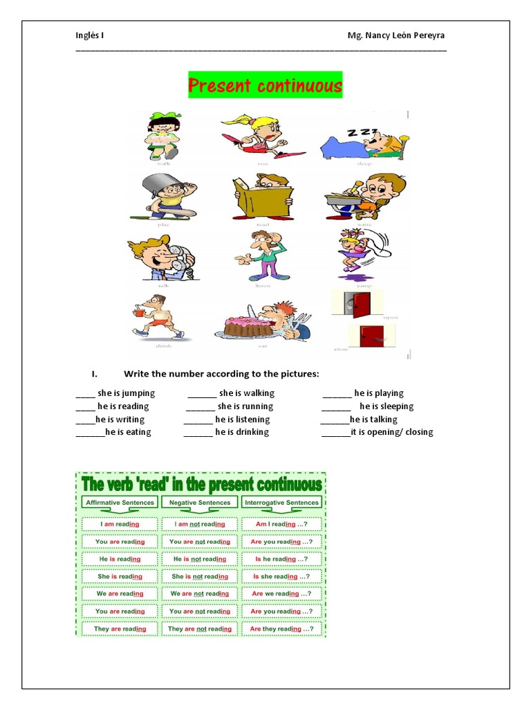 Present Continuous: I. Write The Number According To The Pictures | PDF