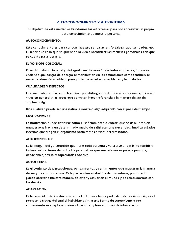 Autoconocimiento y Autoestima Resumen | PDF | Autoestima | Motivación