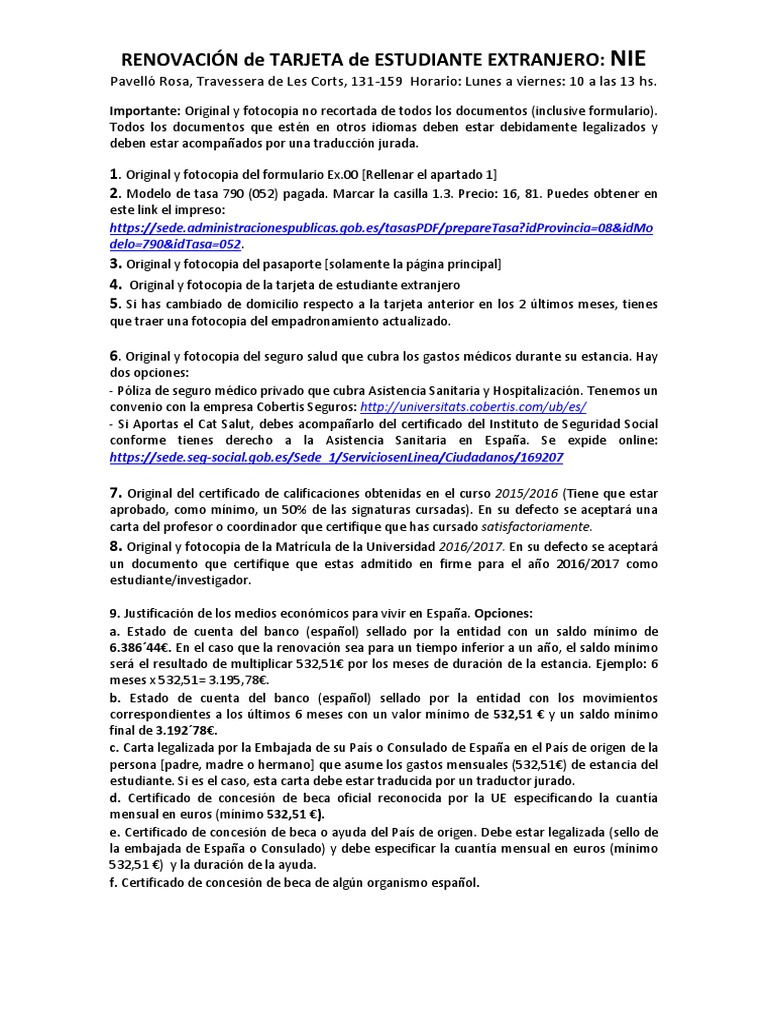 Documentacion Renovacion NIE UB | Euro | Espa\u00f1a