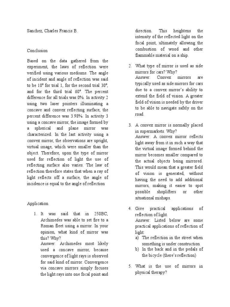 Expt 4. Reflection of Light Conclusion Mirror Atomic