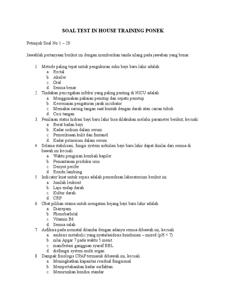 Soal Pre Test In House Training Ponek