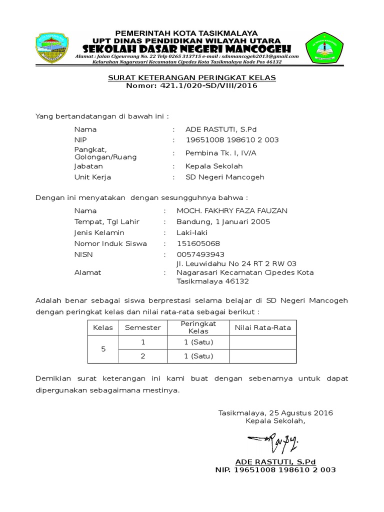 Surat Keterangan Peringkat Kelas