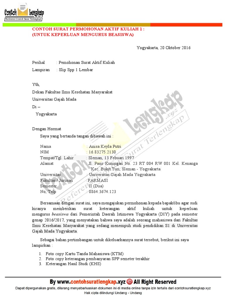 Contoh Surat Permohonan Aktif Kuliah Kembali