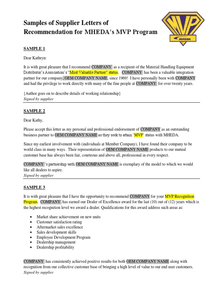 Supplier Sample Letters