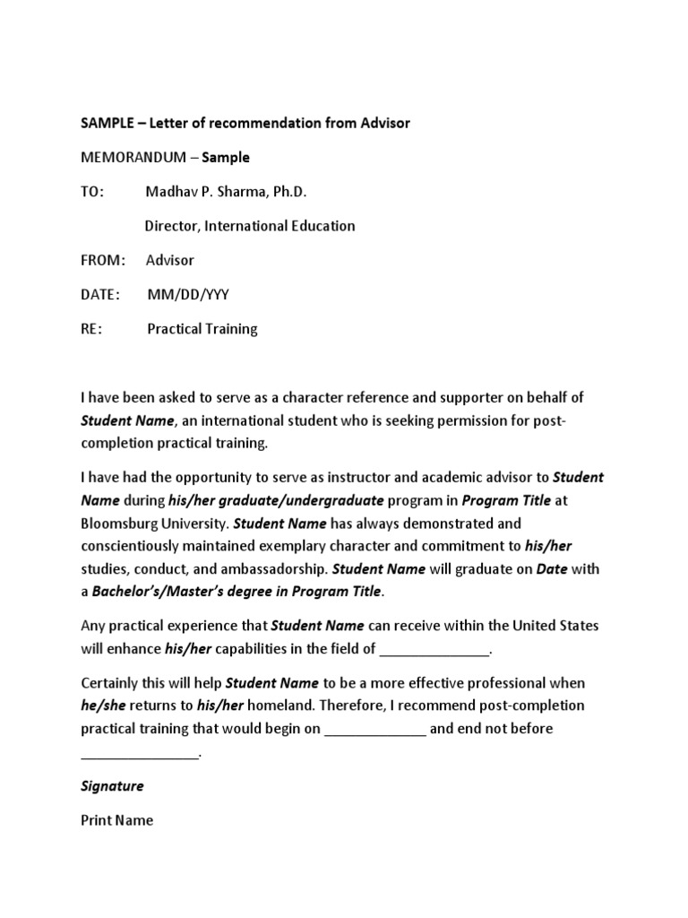 SAMPLE - Letter of Recommendation From Advisor | PDF