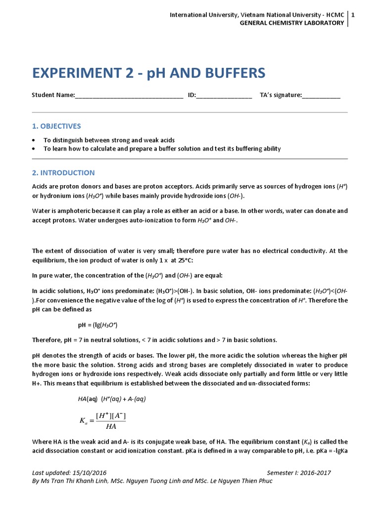 Experiment 2 - PH and Buffers: 1. Objectives | PDF | Acid | Hydroxide