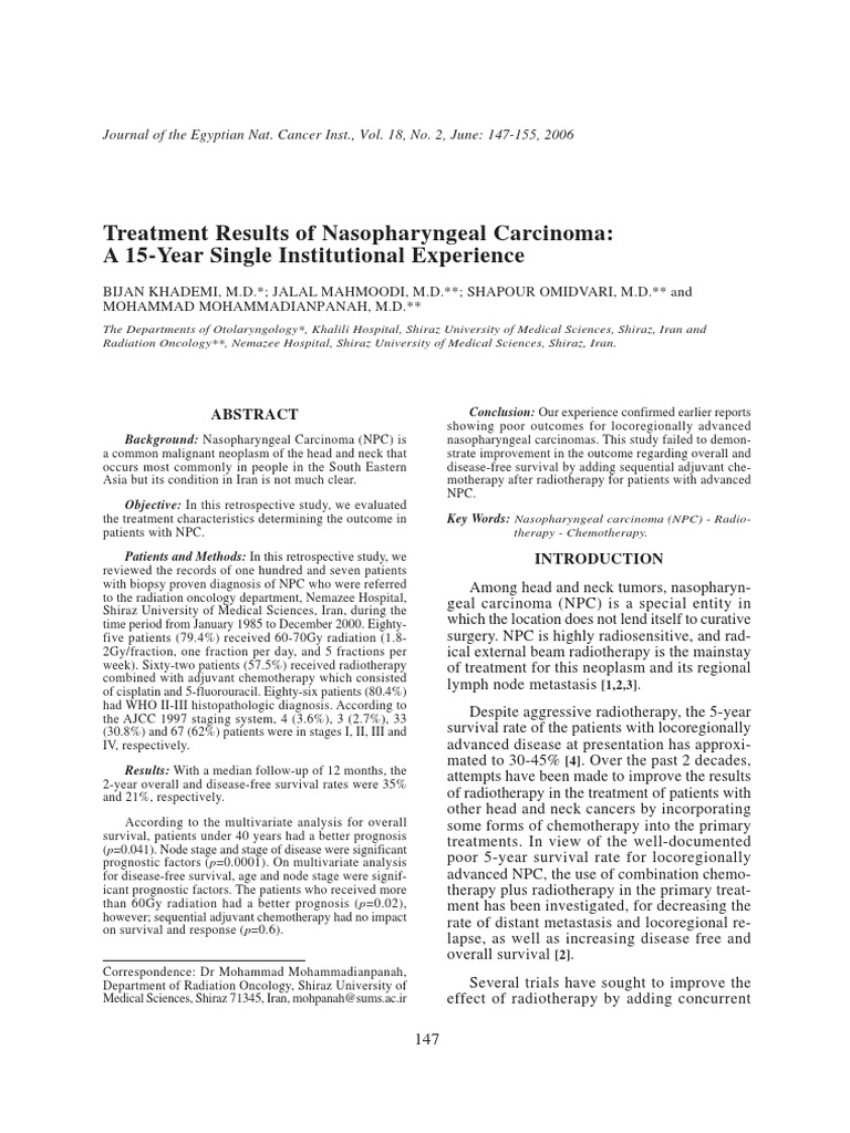 Nasopharyngeal Carcinoma Treatment Outcomes | PDF | Head And Neck ...