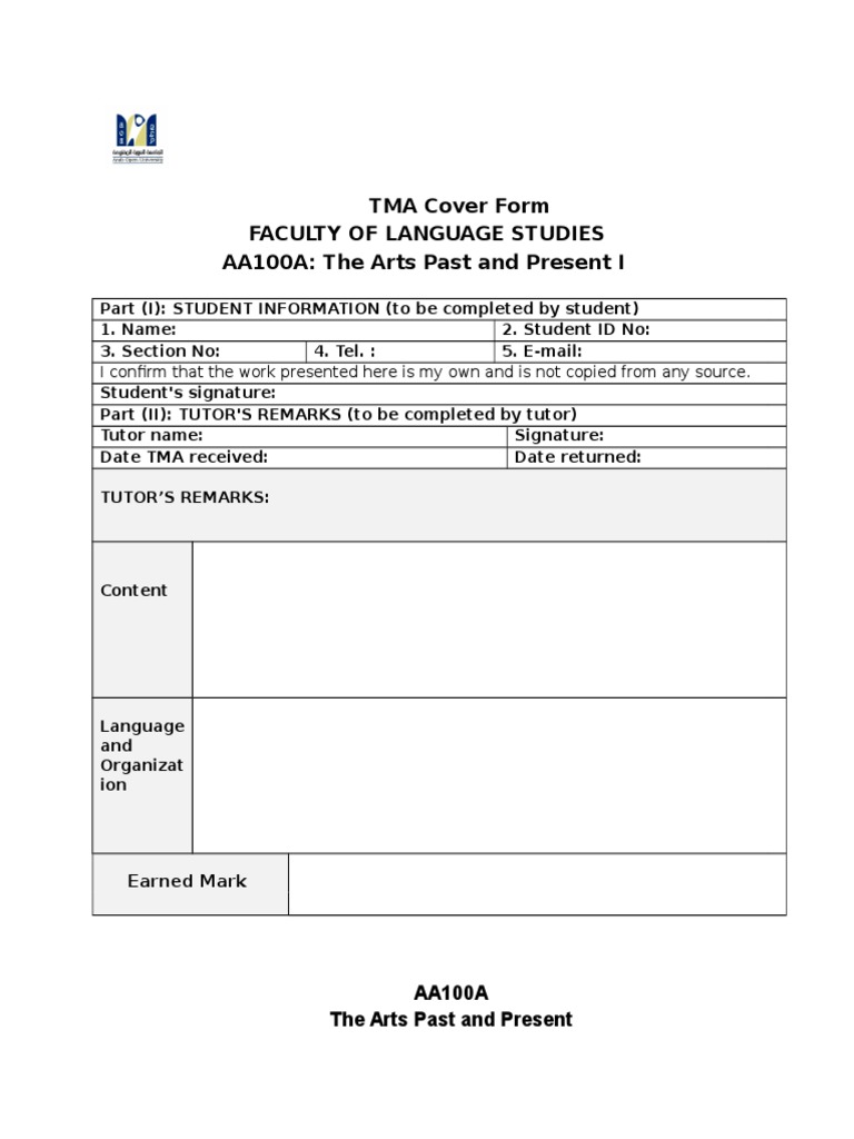 TMA Cover Form Faculty of Language Studies AA100A: The Arts Past and ...