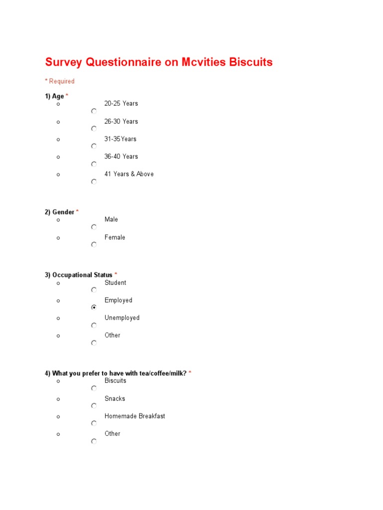 Survey Questionnaire On Mcvities Biscuit | PDF | Snack Food | Food And ...