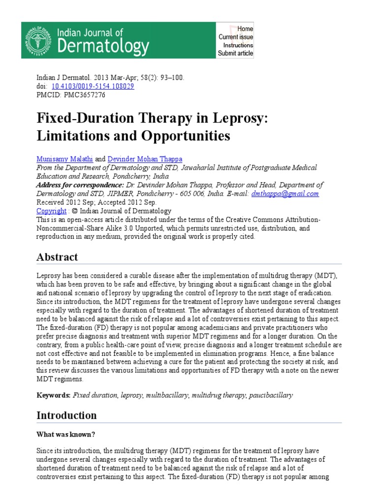 Fixed-Duration Therapy in Leprosy - Limitations and Opportunities | PDF ...
