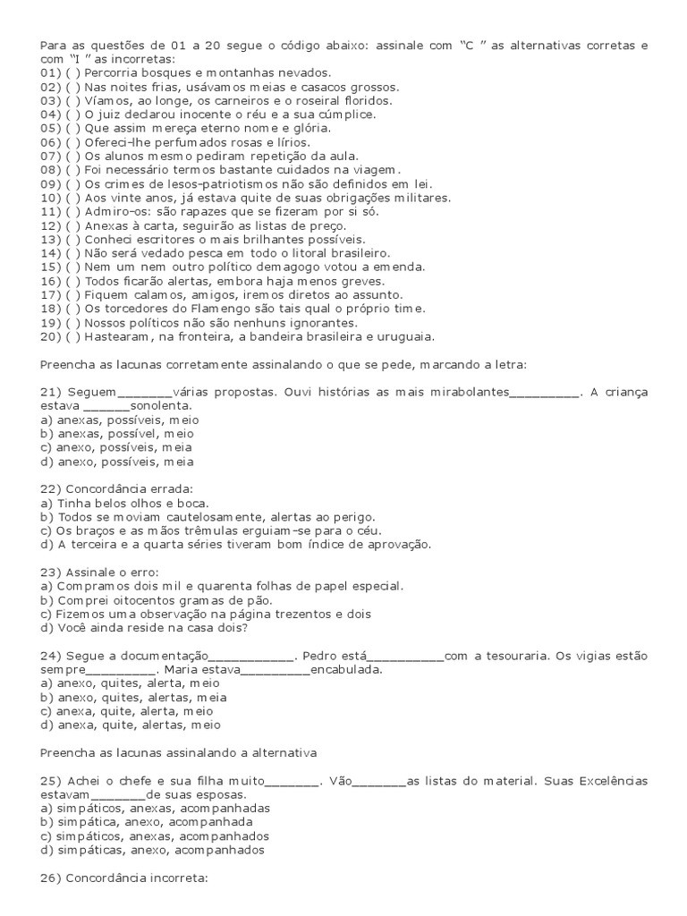 CONCORDÂNCIA NOMINAL - ATIVIDADES + GABARITO