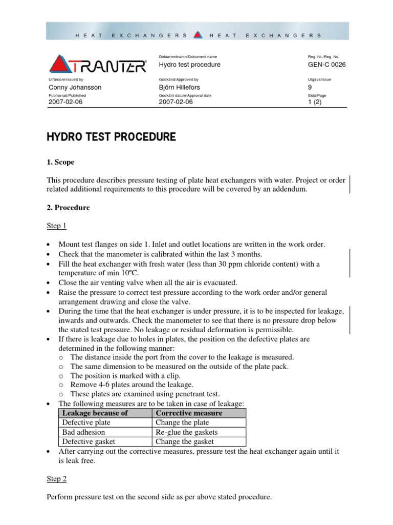 Heat Exchanger Hydro Test Procedure | PDF | Gas Technologies | Applied ...