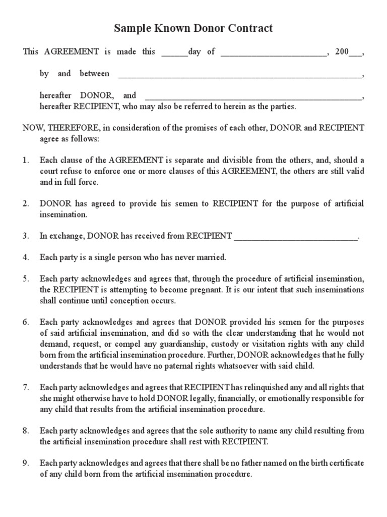Sample Donor Contract  Arbitration  Legal Guardian