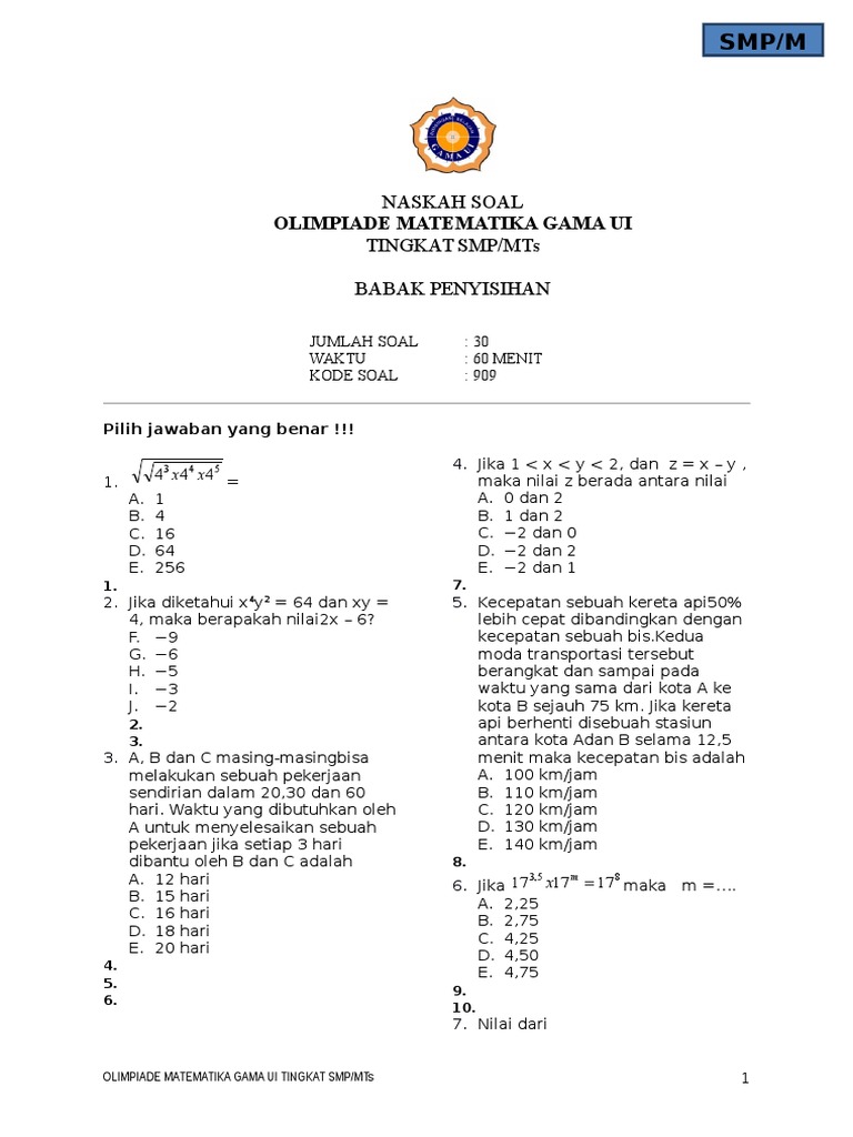 Smpnaskah Soal Olimpiade Matematika 2016 Smp Babak