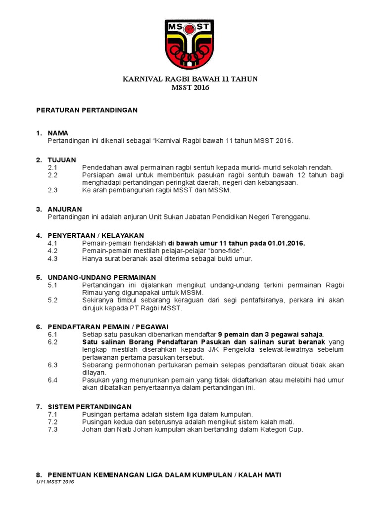 Peraturan Karnival Ragbi U11 MSST 2016 | PDF