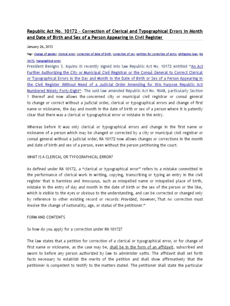 RA 10172: Clerical Error Corrections | PDF | Affidavit | Common Law
