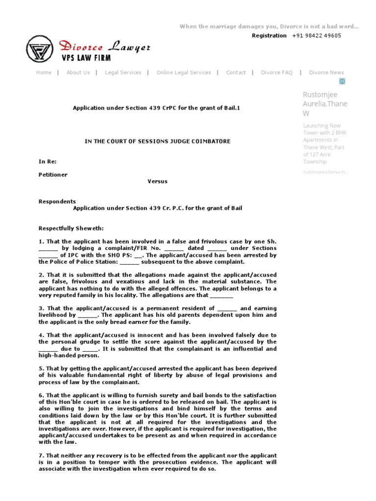 Bail Application Format under CrPC 439 | PDF | Bail | Social Institutions