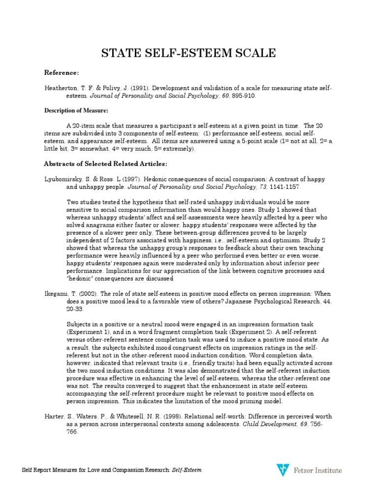 Self Measures For Self-Esteem STATE SELF-ESTEEM | PDF | Mood ...