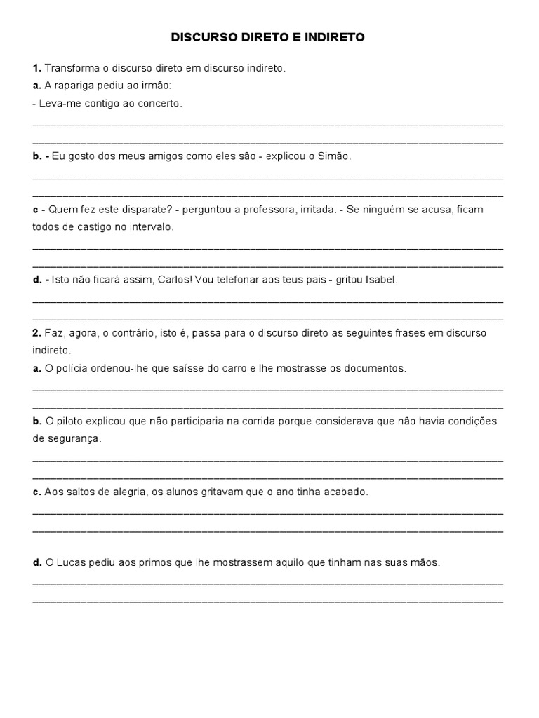 Ficha de Trabalho Discurso Direto-Indireto Exercícios | PDF | Lazer