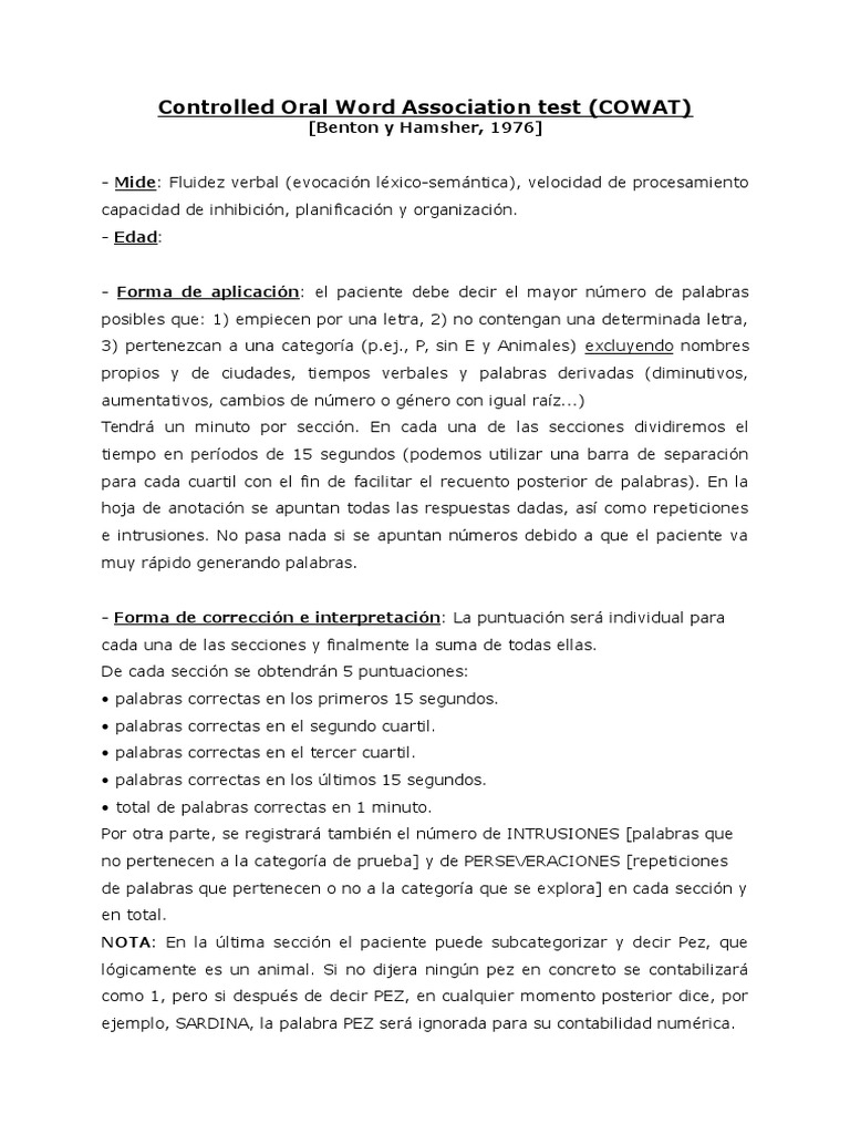Prueba COWAT: Fluidez Verbal y Evaluación | PDF | Artes del Lenguaje y ...