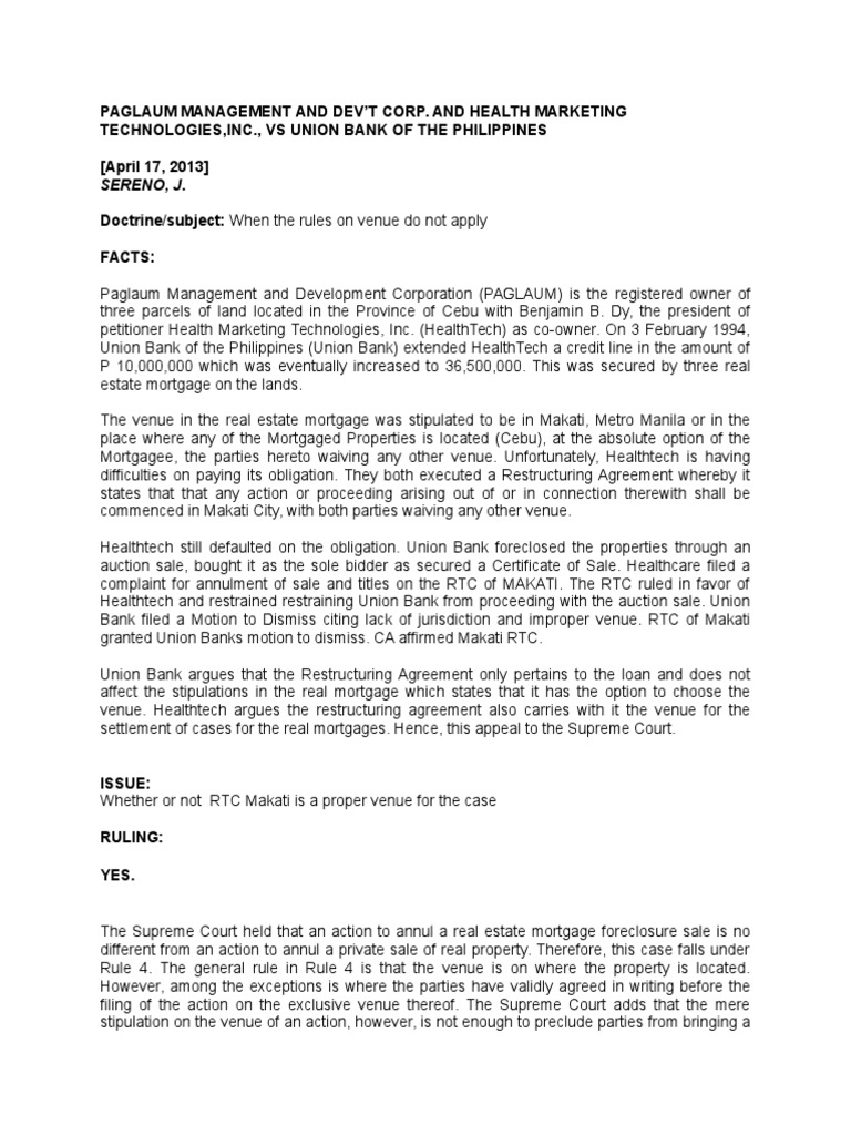 Venue Dispute in Mortgage Foreclosure Case | PDF | Mortgage Law ...