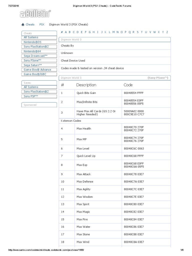 Digimon World 3 Psx Cheats Codetwink Forums Pdf Video Game Consoles Product Introductions
