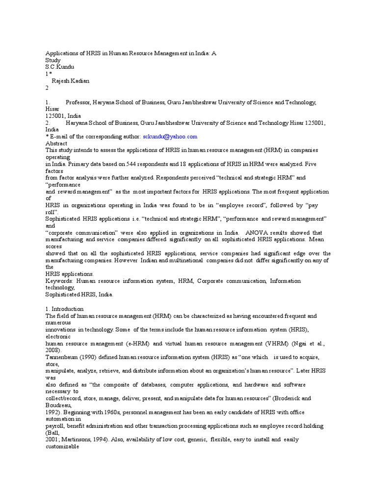 HRIS Applications in Indian HRM | PDF | Human Resource Management ...